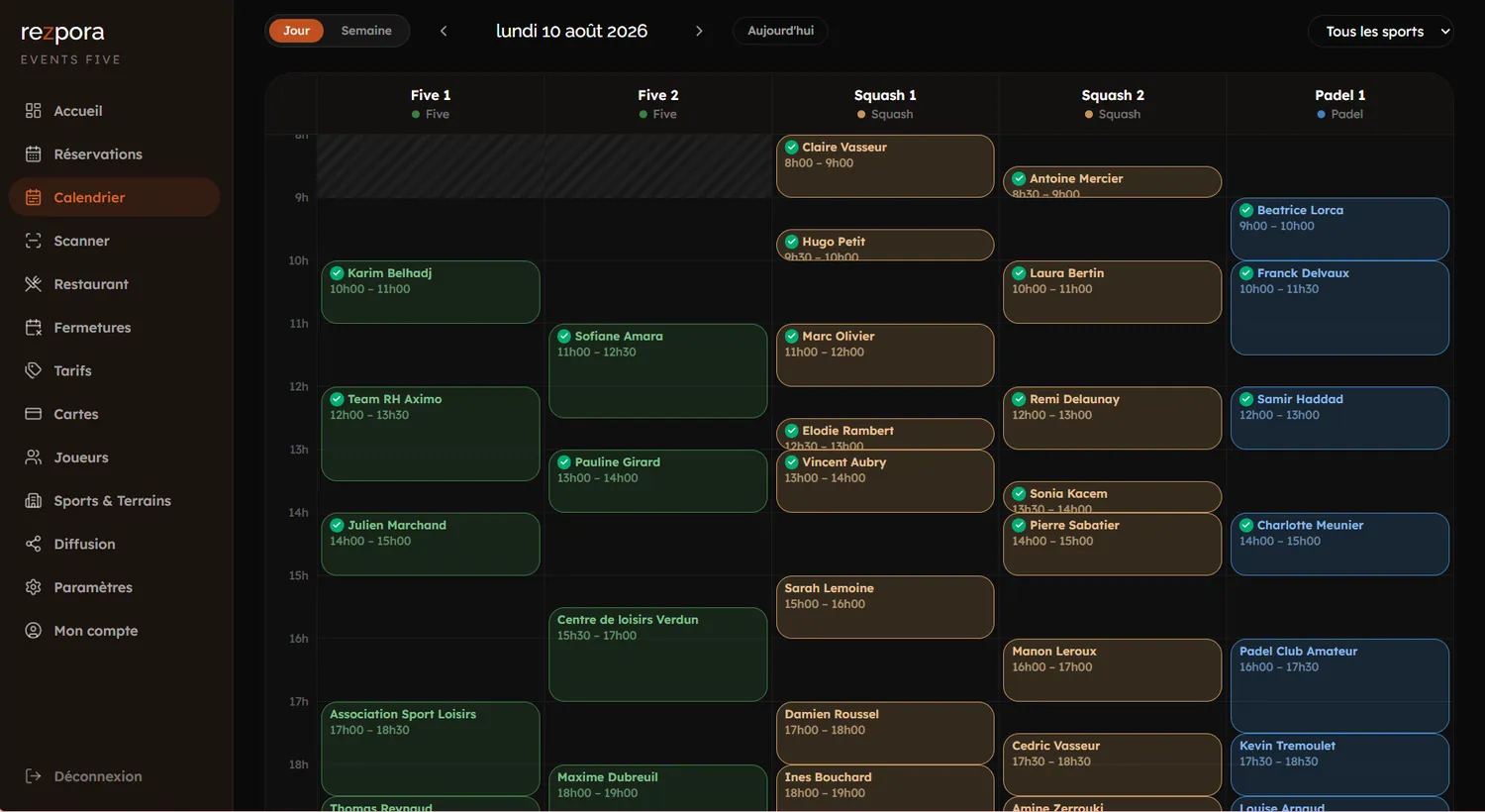 Le calendrier de Rezpora Manager : la journée du lundi 10 août affichée sur cinq terrains (Five, Squash, Padel), chaque réservation colorée selon son sport.